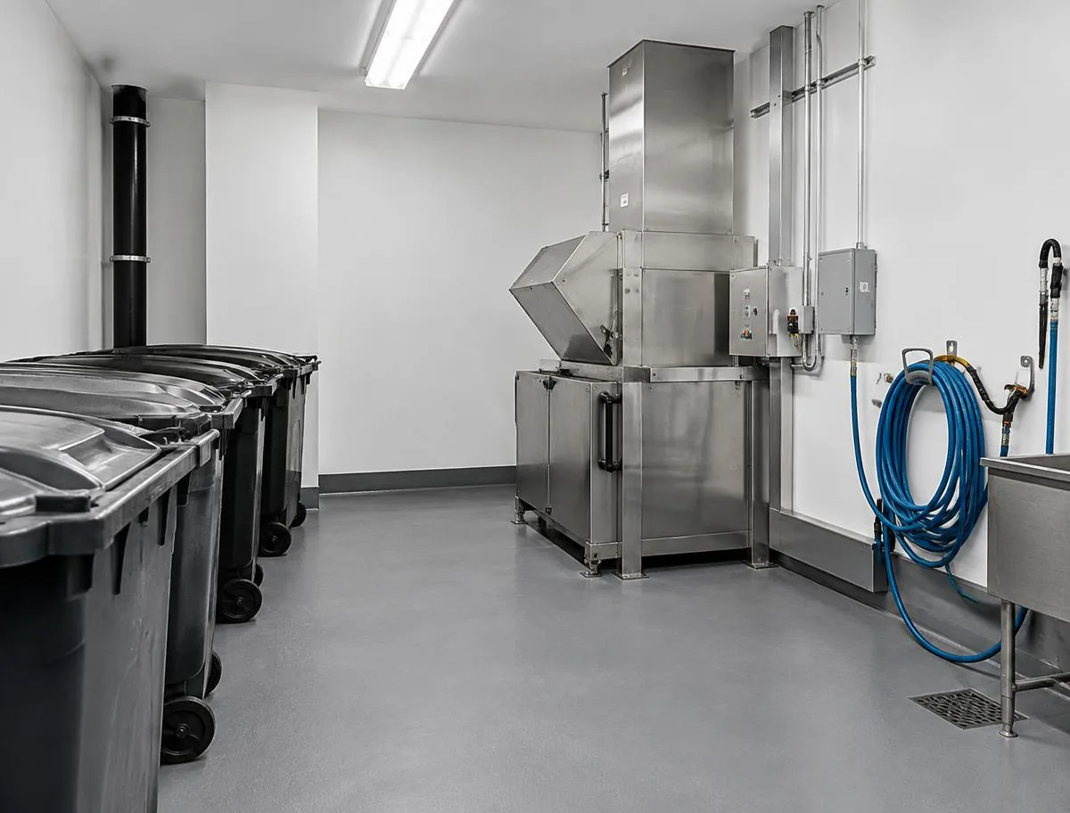 Clean commercial trash room with stainless steel equipment and professional cleaning hose